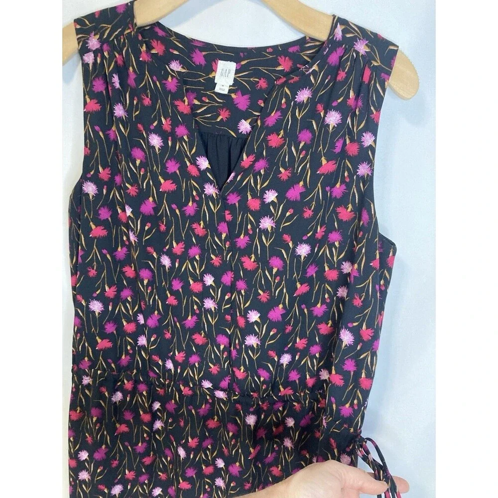 GAP Mini Dress M Drawstring Waist Black Pink Ditsy Floral Fairy Sleeveless Boho